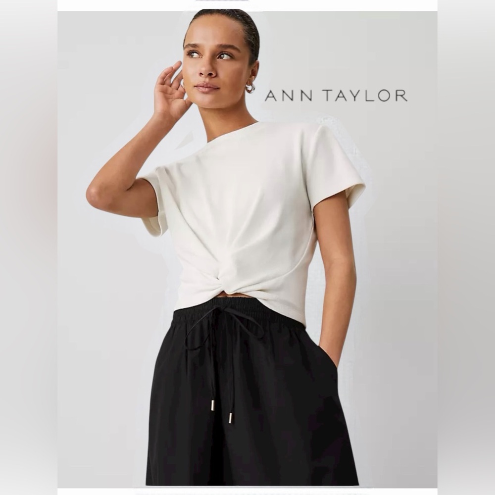 Ann Taylor White Twist-Front Short Sleeve Tee